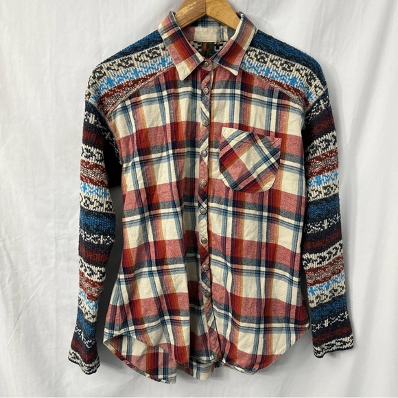 Aratta Tops - Aratta Silent Journey Plaid Fair Isle Flannel Knit Top